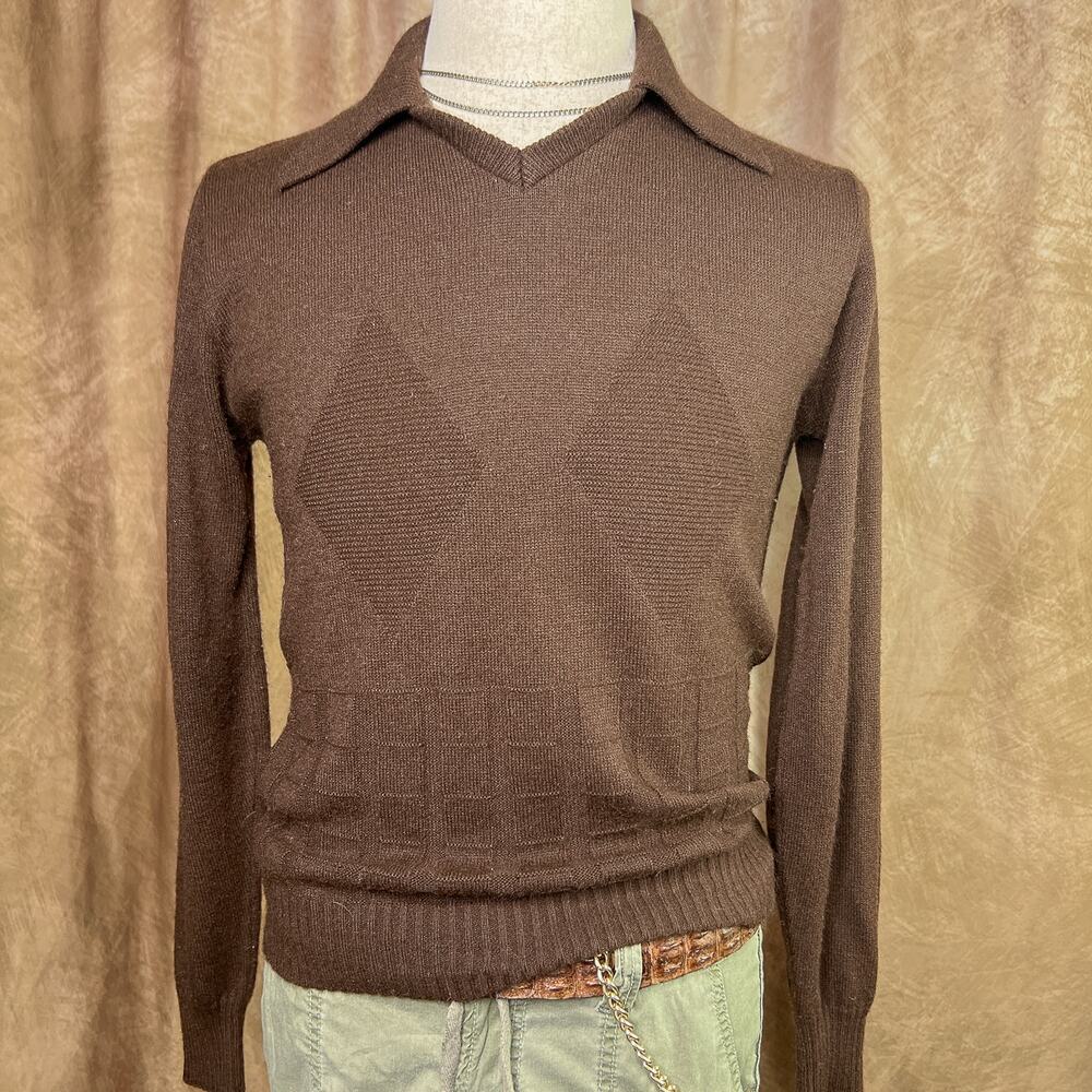 Vintage 70s Collared Argyle Knit Sweater Diamond Long Sleeve Retro Academia
